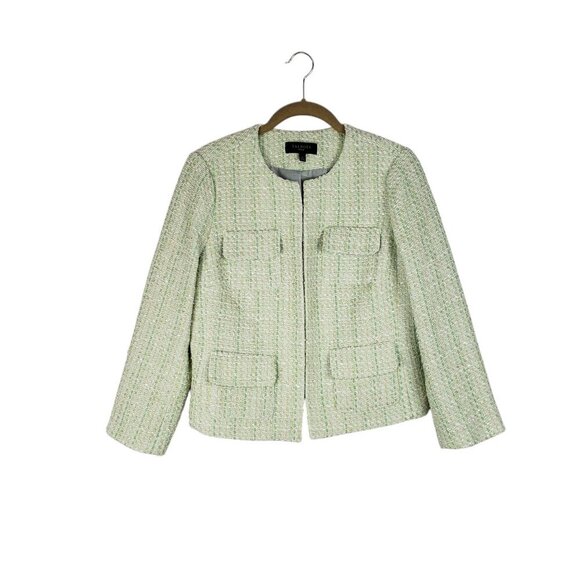 Talbots Tulip Patch Tweed Jacket Pastel Green Boucle Crew Neck Blazer Size 6P - Picture 1 of 6